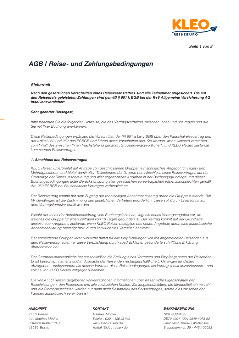 Vorschau der Reise- und Zahlungsbedingungen