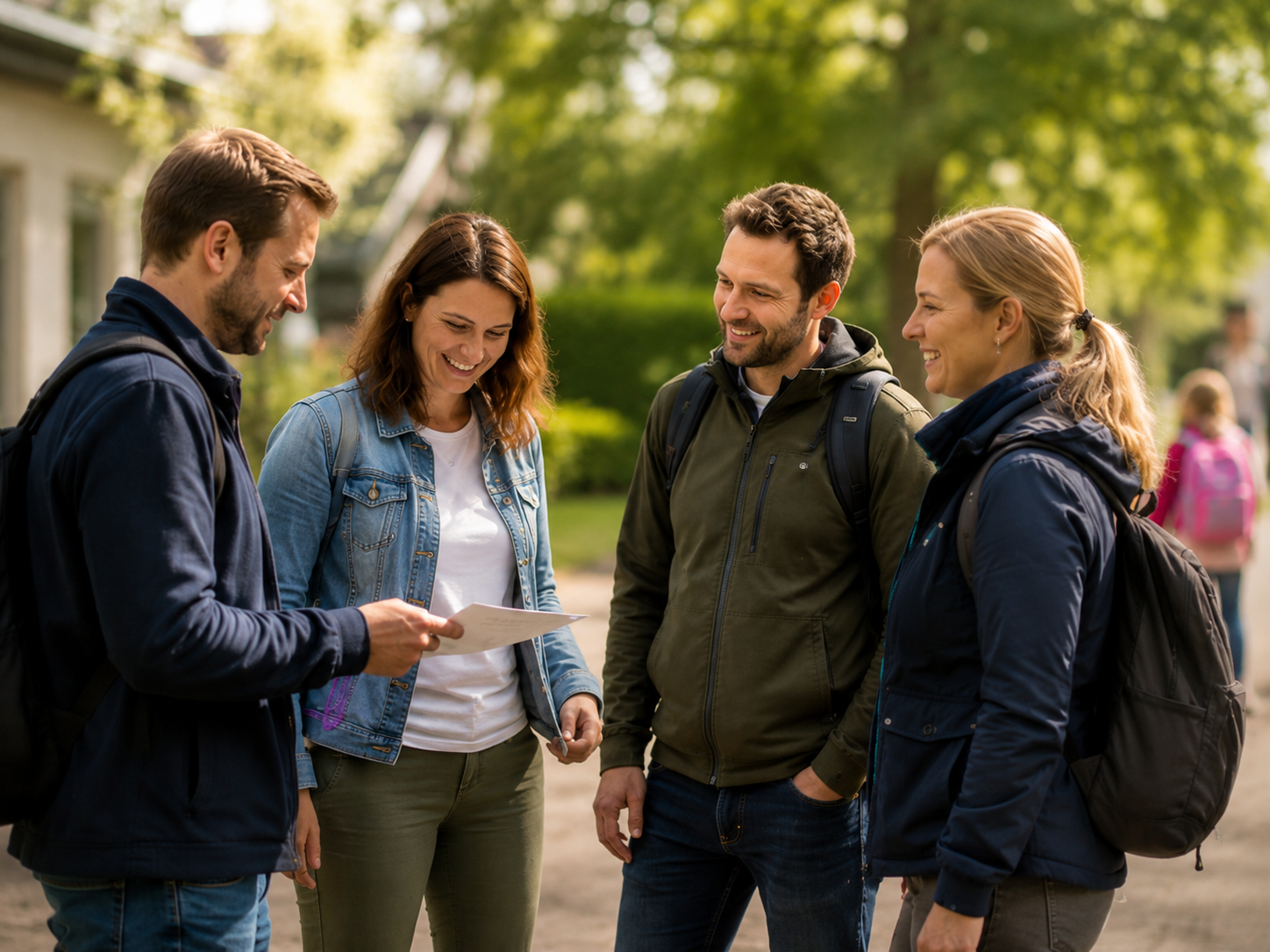 Kindergruppe mit Begleitung vor einer Unterkunft