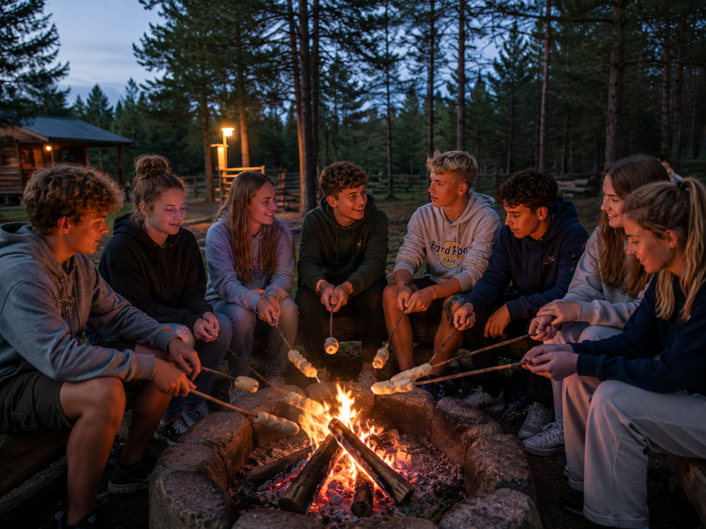 Jugendgruppe am Lagerfeuer bei einem Freizeitangebot